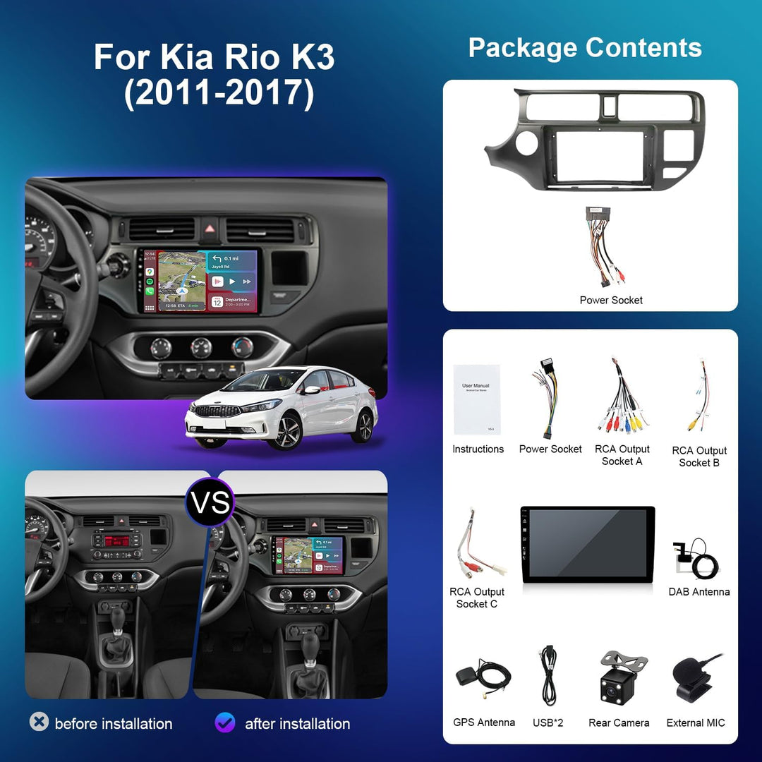 Android 15 - [Eingebaut DAB] - IPS Autoradio für Kia K3 Rio (2011-2015) - Kabellos Carplay/Android A