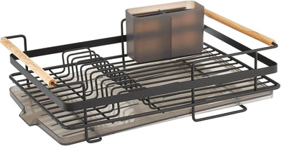 mDesign Abtropfgestell aus Metall mit Holzgriffen – Geschirrabtropfgitter mit Besteckfach und Auffan