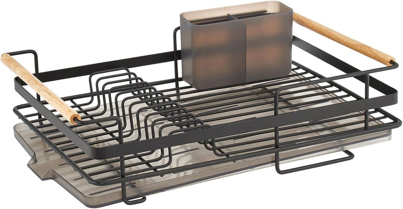 mDesign Abtropfgestell aus Metall mit Holzgriffen – Geschirrabtropfgitter mit Besteckfach und Auffan