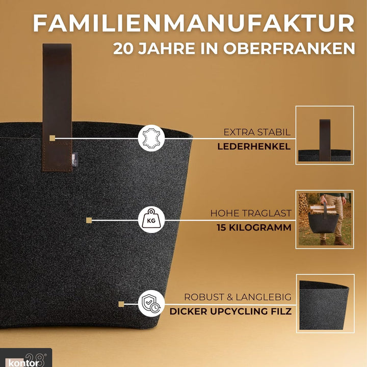 kontor28® - Kaminholzkorb aus Premium Filz 100% MADE IN GERMANY | Brennholzkorb Füllvolumen 40 L mit