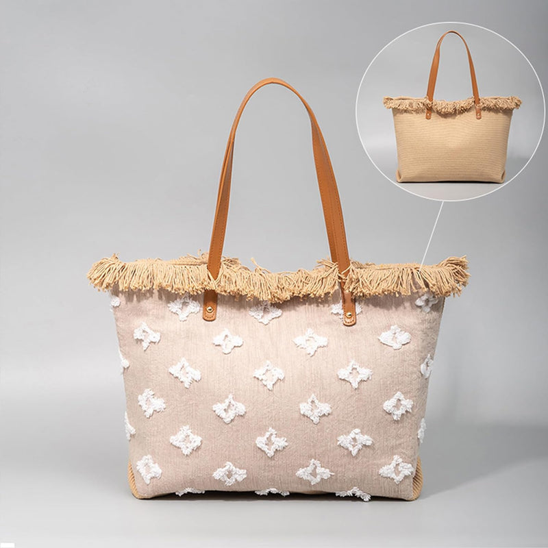 CORIOS Damen Canvas Handtasche Böhmische Tote Beutel Sommer Strand Tasche Quasten Schultertasche Gro