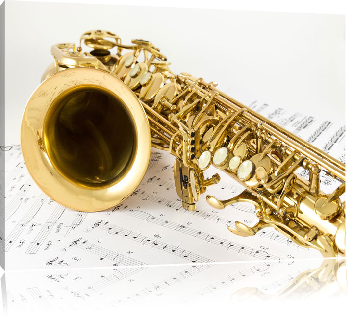 Saxophon auf Notenpapier, Format: 100x70 auf Leinwand, XXL riesige Bilder fertig gerahmt mit Keilrah