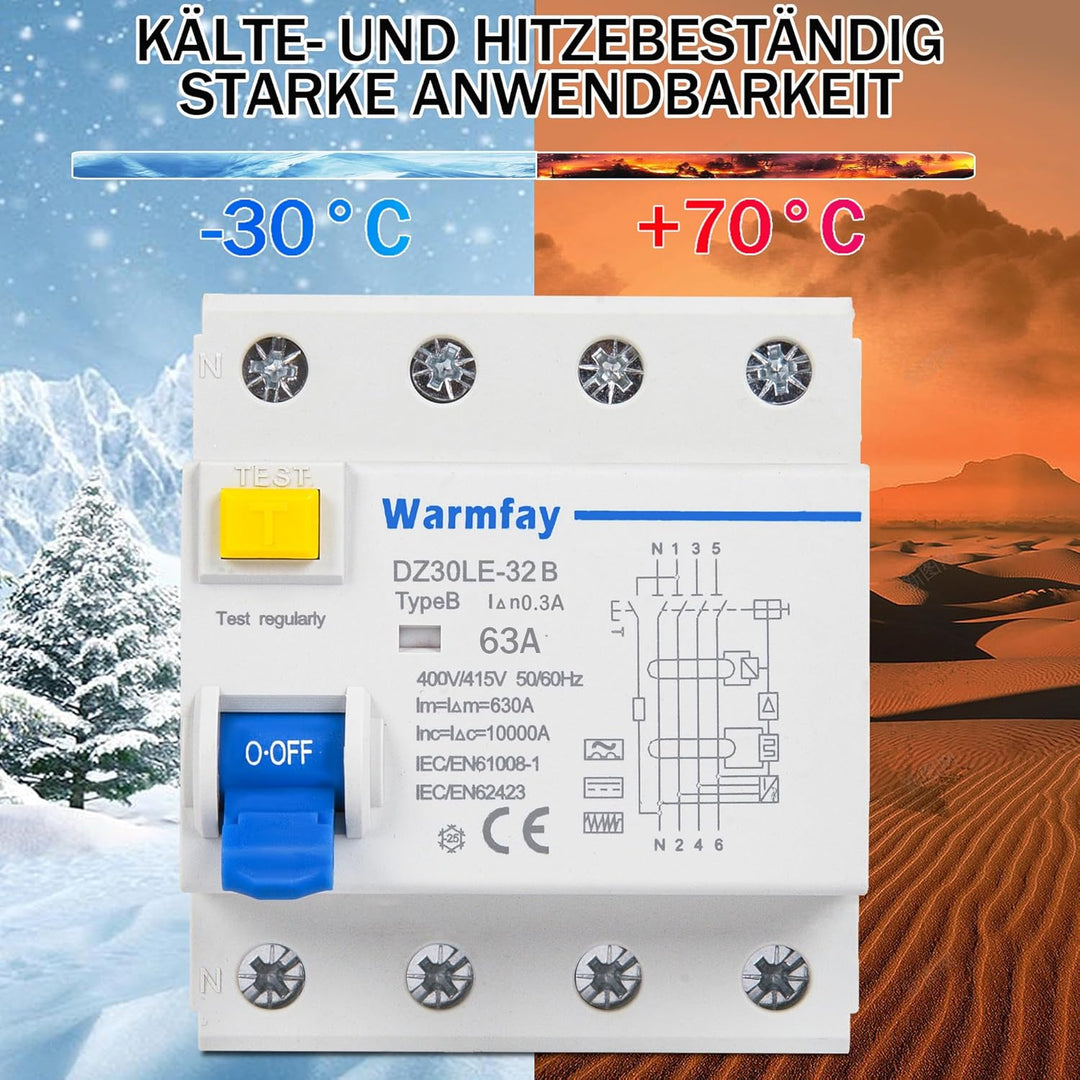 Warmfay FI Schutzschalter 63A 300mA Typ B, 4 Polig RCD Allstromintensiv Schalter Automat Sicherung,