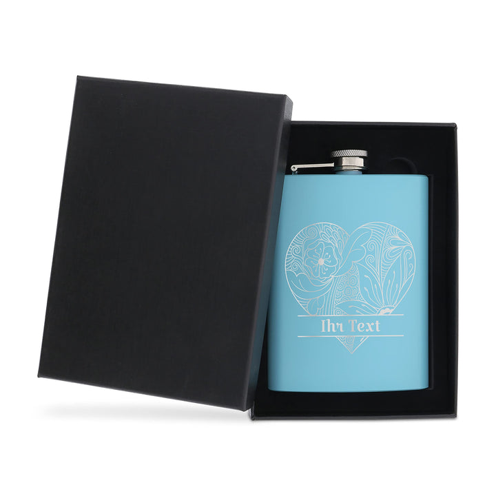 Edelstahl Flachmann Blau mit personalisierter Gravur – Motiv Herz – Geschenkverpackung – Taschenflas
