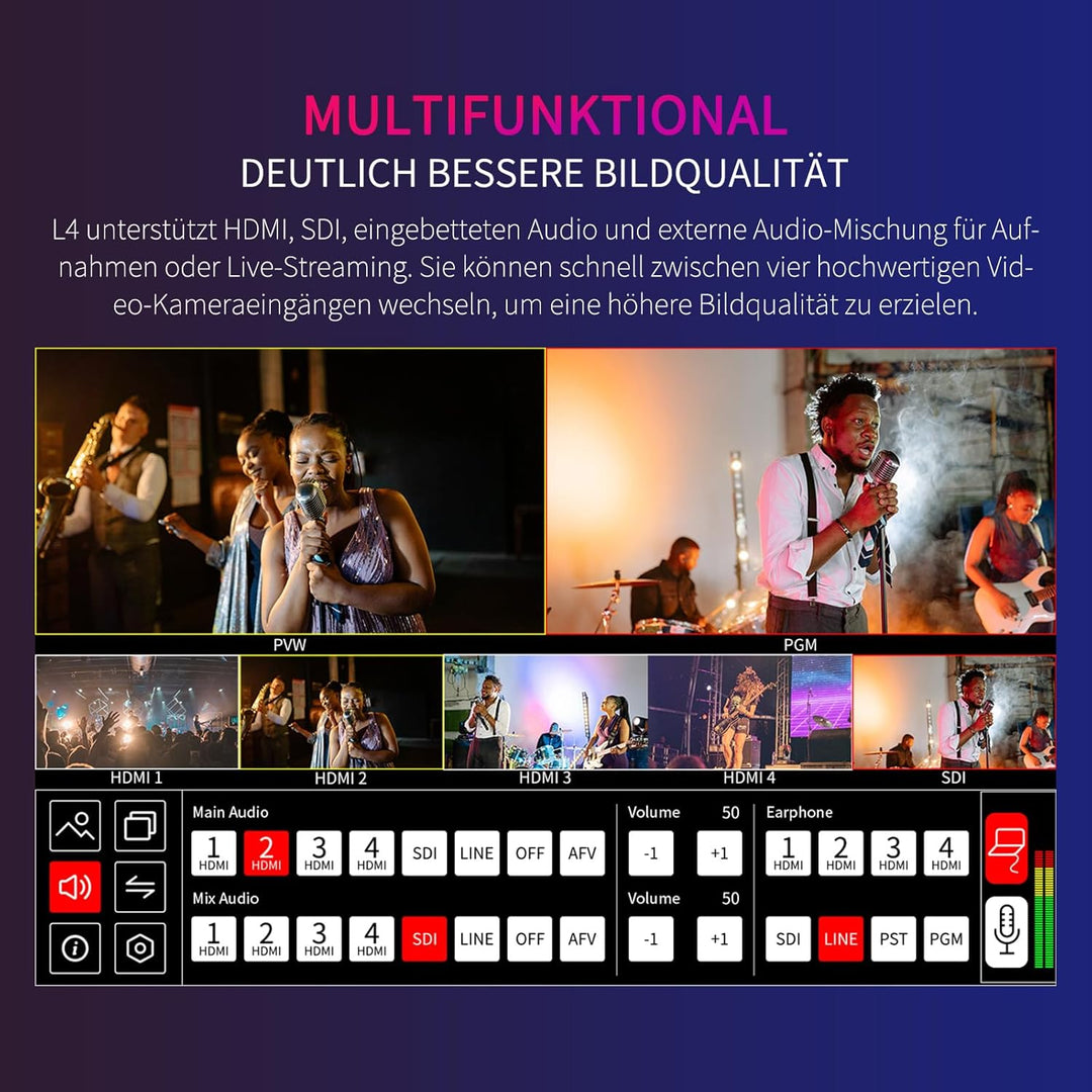 FEELWORLD L4 10,1 Zoll Touchscreen Video Switcher 10,1 Zoll Touchscreen, Echtzeit-Vorschau 5 Eingang