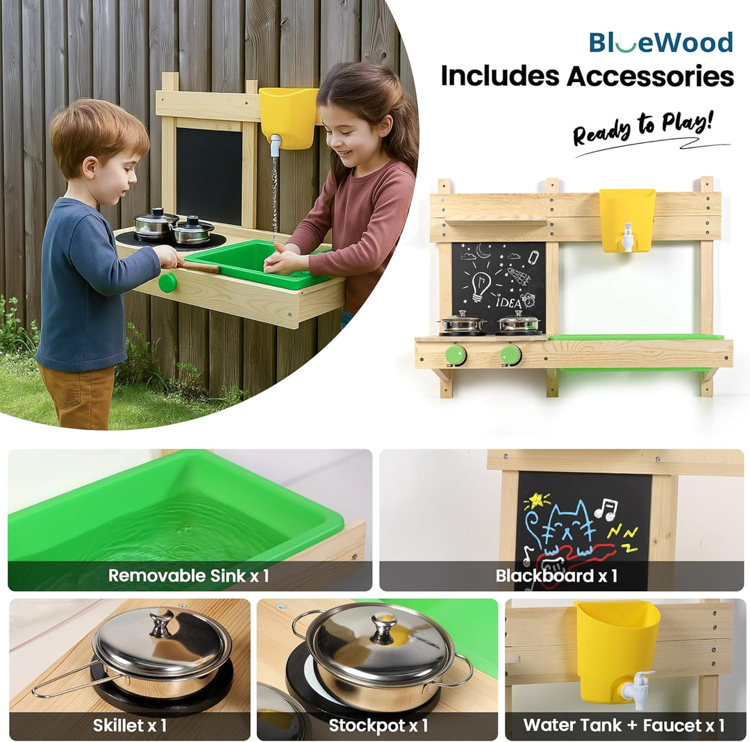 BlueWood Matschküche Kinder Outdoor, Holzspielzeug, Kinderküchen-Spielset mit, Spielfutter, Küchenzu