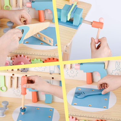 medoga Werkzeugbank für Kinder, Spielzeug-Werkbank, Holz, mit Werkzeugen Set, Holzkonstruktionsbank,