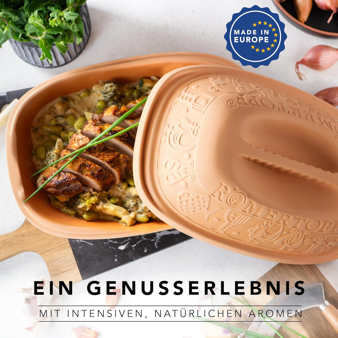 Römertopf Bräter Klassiker Keramik Dampfgarer aus Naturton für bis zu 4 Personen 3 Liter 2.5 Liter,