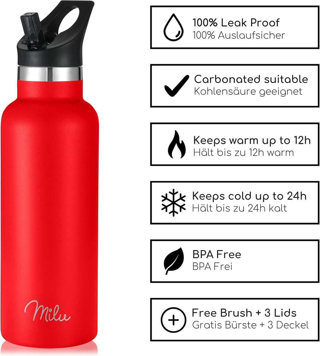 Milu Edelstahl Trinkflasche 350ml 500ml 750ml 1000ml (+3 Deckel) - Thermosflasche mit Strohhalm, Iso