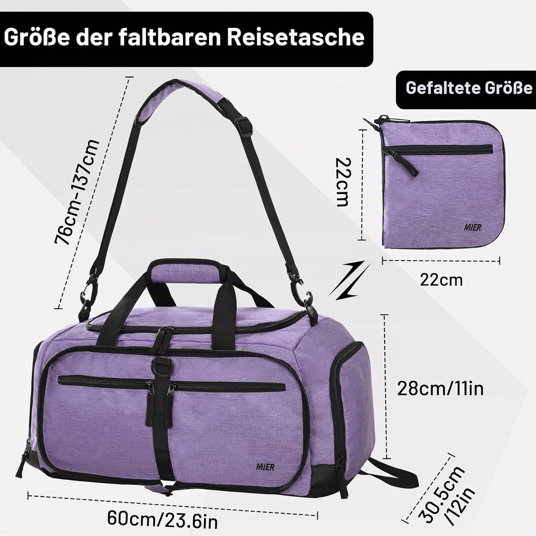 MIER Sporttasche 50L faltbar, Reisetasche mit Schuhfach, Weekender, Lila | Separates belüftetes Schu