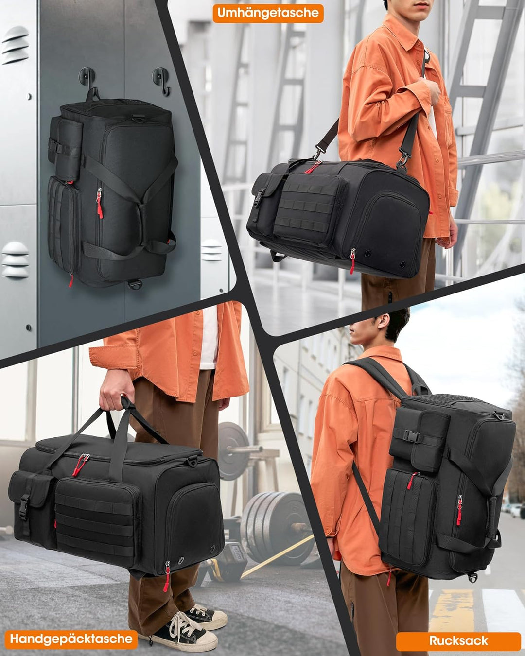 RAINSMORE 3 IN 1 Sporttasche Herren 45L Reisetasche Rucksackfunktion Handgepäck mit Schuhfach Latopf