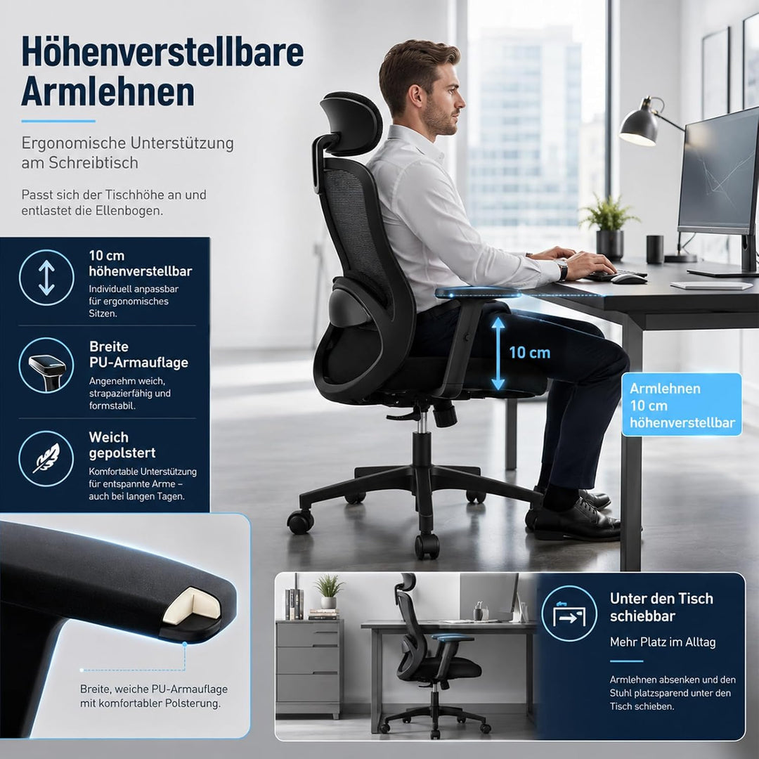 Bürostuhl, Ergonomischer Bürostuhl mit Verstellbarer 4D Lendenwirbelstütze, Schreibtischstuhl mit Ko