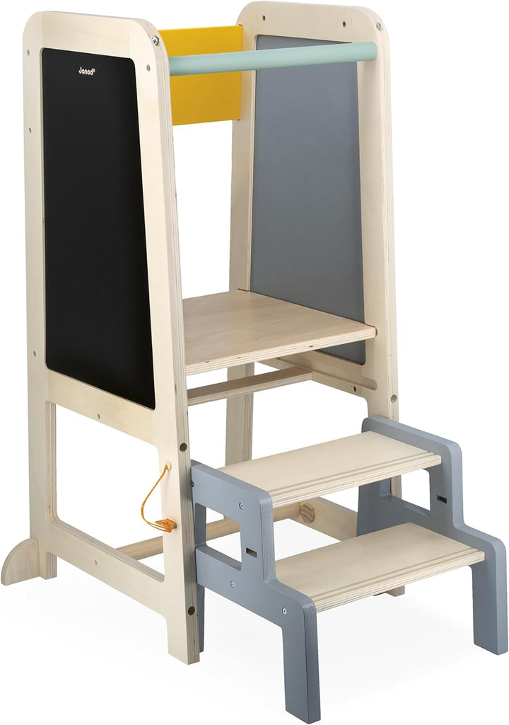 Janod - Lernturm aus Holz - 2 Einstellbare Höhen - 1 Abnehmbarer Tritthocker, 1 Tafel, 2 Kreiden, 1