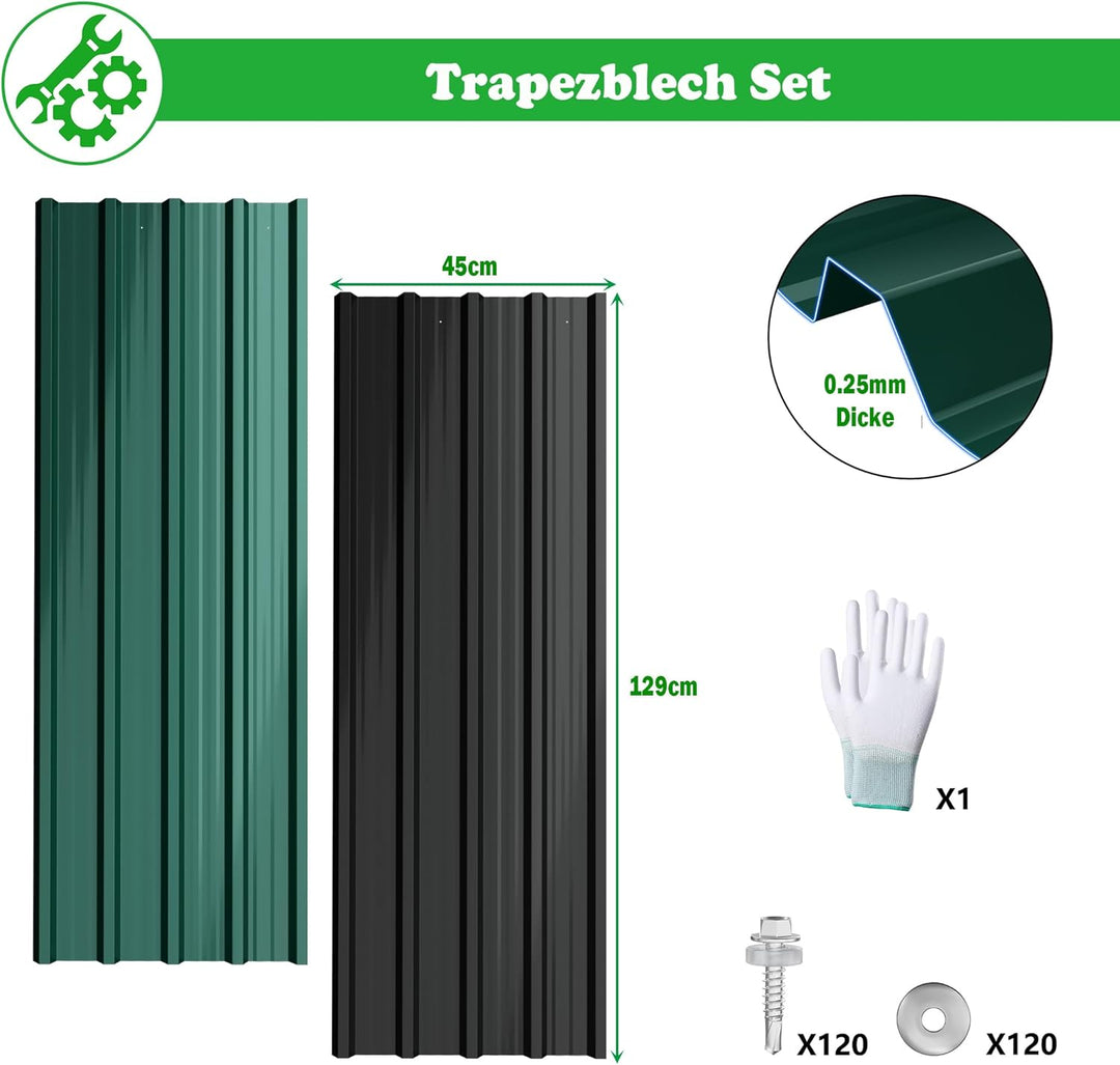 SUBTLETY 12er Wellplatten Verzinkter Stahl Trapezblech Dachblech Set mit inkl. Schrauben und Handsch