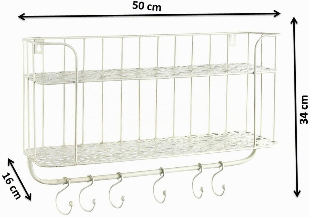 Kobolo Wandregal Hängeregal Küchenregal - 6 Haken - Metall - Weiss Creme - 50x16x34 cm