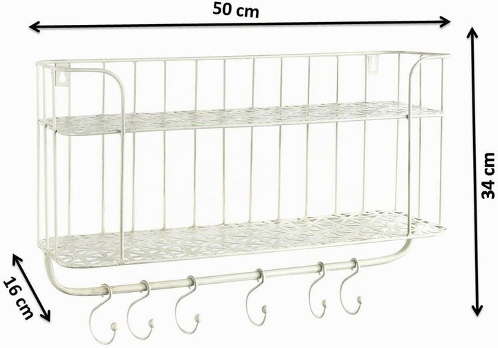 Kobolo Wandregal Hängeregal Küchenregal - 6 Haken - Metall - Weiss Creme - 50x16x34 cm