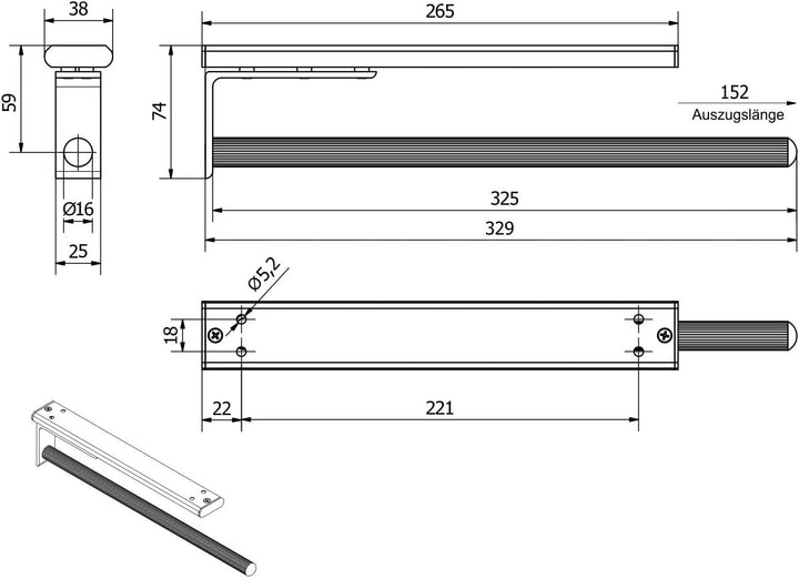 SOTECH Aluminium Handtuchhalter TED 1-armig EV1 eloxiert (325-487 mm, ausziehbar) Teleskop-Handtucha