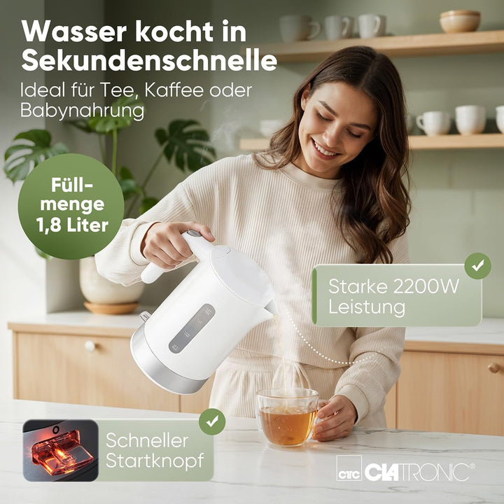Clatronic® Wasserkocher 1,8L | 2200W für schnelles Erhitzen | BPA frei | Einhandbedienung | Wasserst