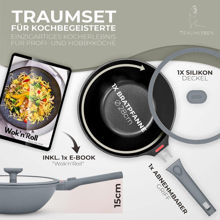 Wokpfanne mit Deckel 28 cm [abnehmbaren Griffe & Antihaftbeschichtung] PFOA-frei, für Induktion geei