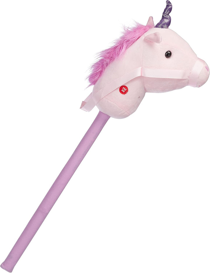 Relaxdays 10023852 Steckenpferd Einhorn, mit Sound, aus Holz & Plüsch, niedliches Stockpferd, Wieher