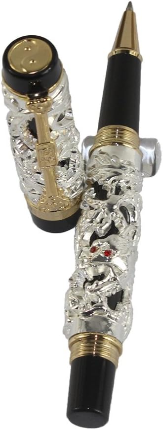 Gullor Edelste Drache und Phoenix Rollerball mit PU-Leder-Feder-Beutel - Silber und Schwarz Silver a