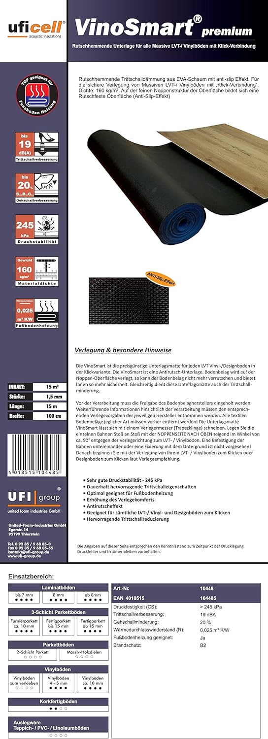 United foam Industries uficell VinoSmart Trittschalldämmung, 15 mm dickes Pad für Vinylböden und LVT