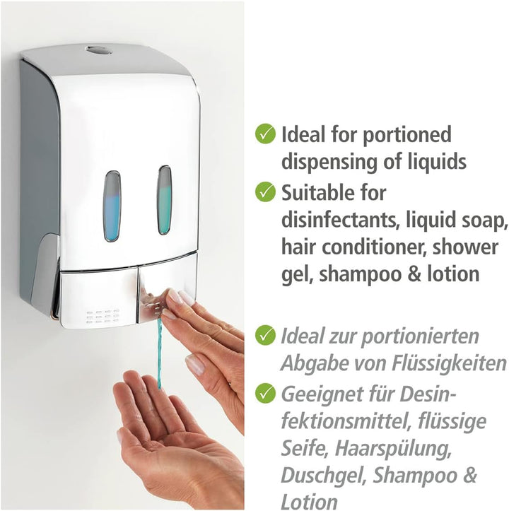WENKO 2-Kammer Desinfektionsmittel- und Seifenspender Tartas Chrom, hygienischer Wand-Spender für De