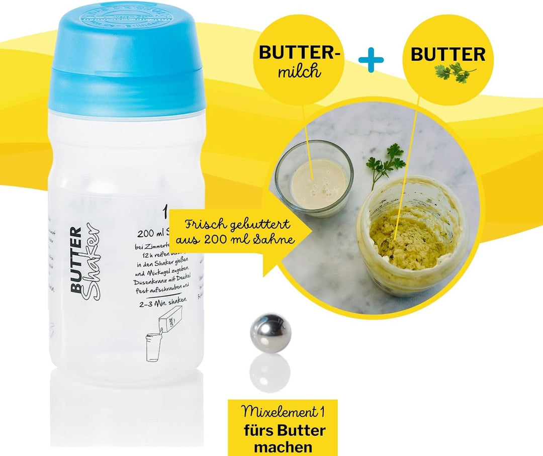 Butter Machen im patentierten Butter-Shaker. 200 ml Sahne ergeben 75g Butter + 125 ml Buttermilch. E