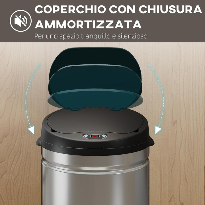 HOMCOM Mülleimer mit Sensor 42L Edelstahl Automatischer Leiser Mülleimer mit Soft-Close-Deckel, Bewe