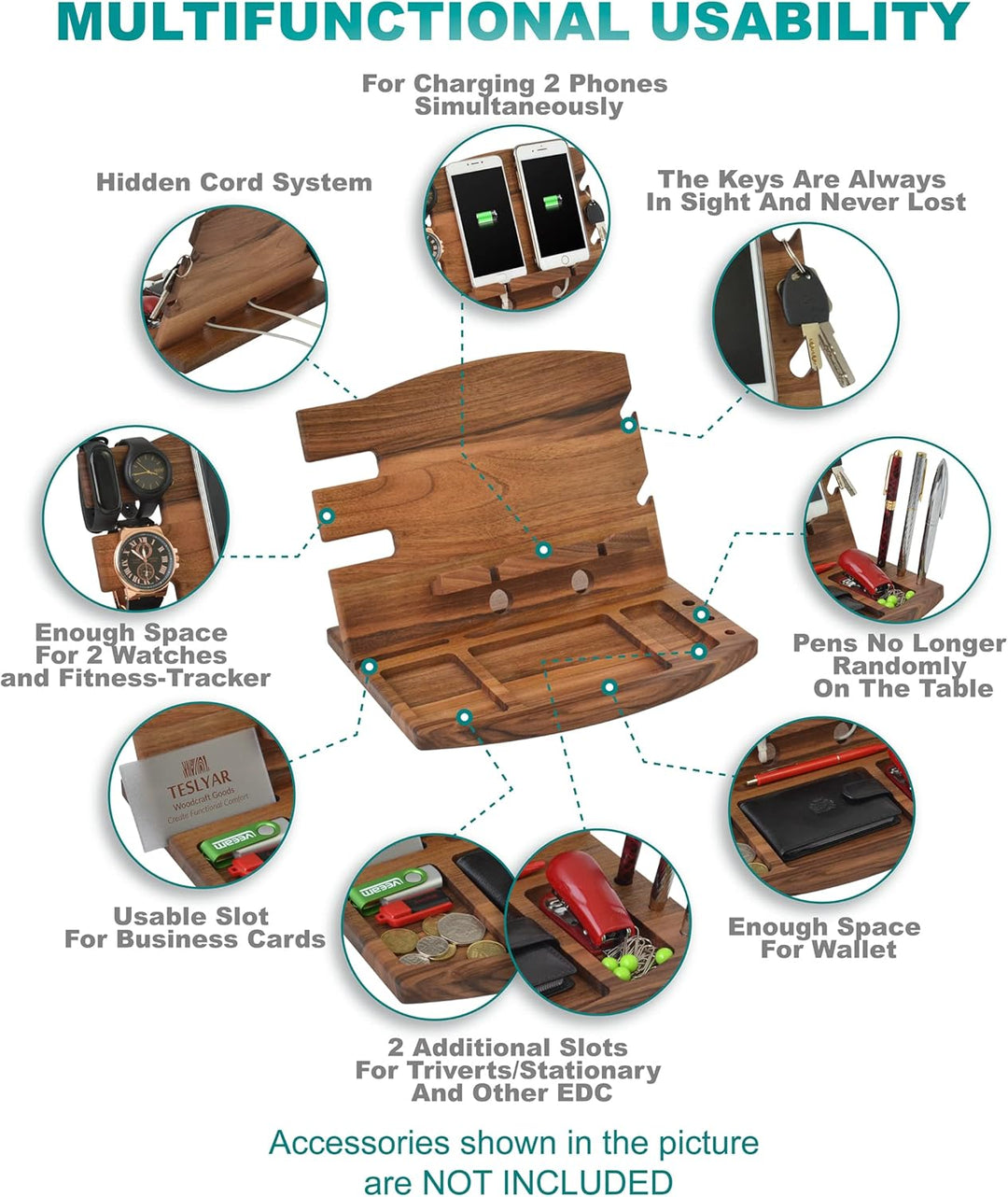 Holz Doppelte Telefon Dockingstation Nussbaum Geldbörsenständer Schlüsselhalter & Uhren Organisator