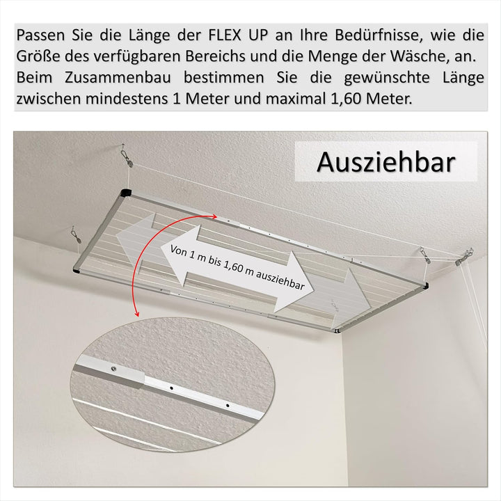 Flex UP Deckenwäscheständer - Deckentrockner ausziehbar - Wäscheständer für die Decke – für Badewann