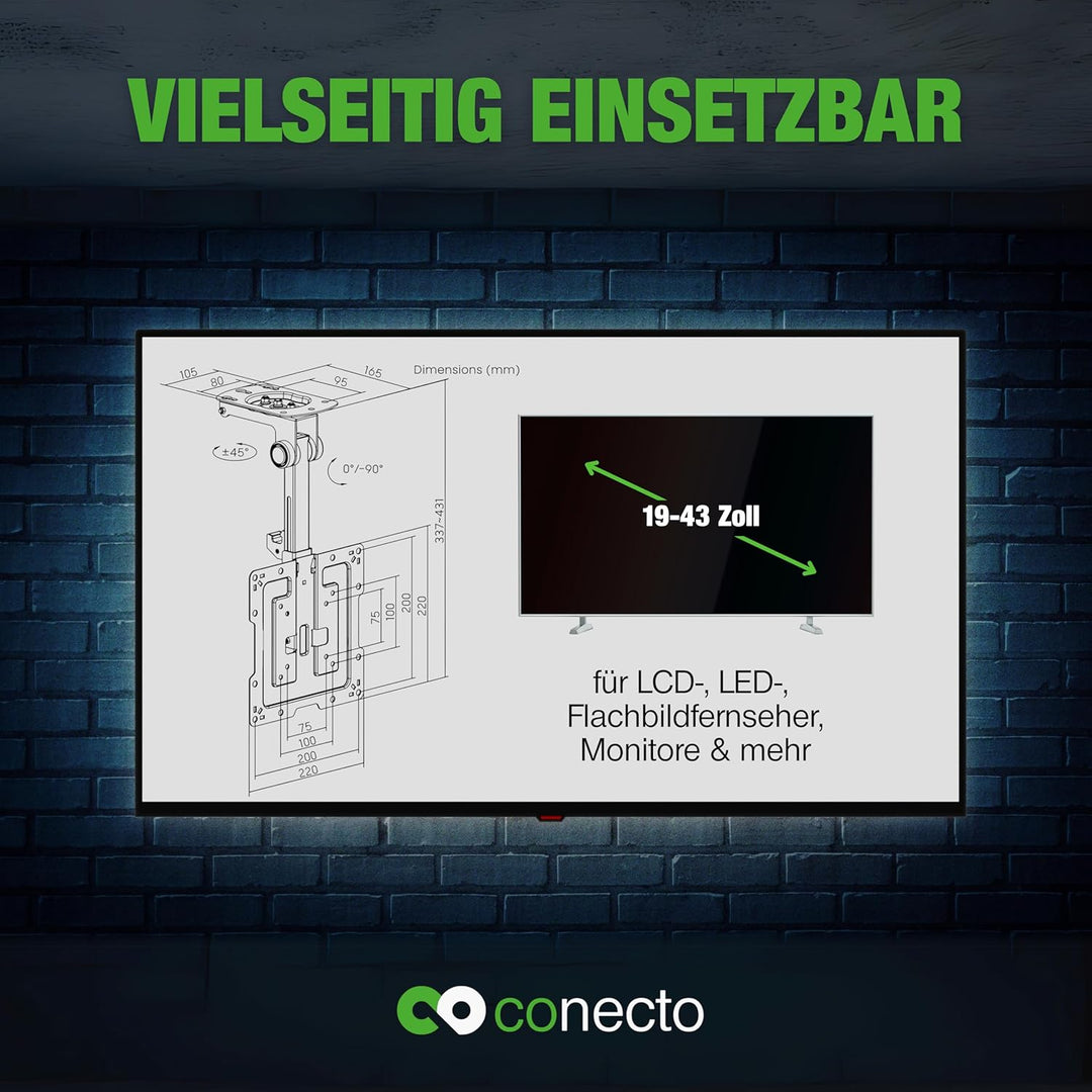 Conecto Deckenhalterung für Fernseher, geeignet für 19-43 Zoll, klappbar, höhenverstellbar, schwenkb