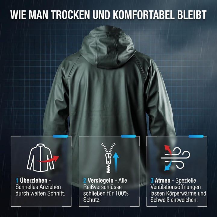 NEO TOOLS Herren Regenset, Regenmantel mit Kapuze und Regenhose, Gr. M-XXXL, verklebte Nähte, Reissv