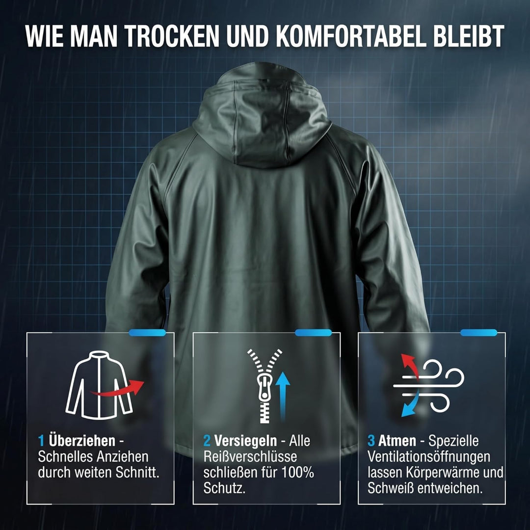 NEO TOOLS Herren Regenset, Regenmantel mit Kapuze und Regenhose, Gr. M-XXXL, verklebte Nähte, Reissv