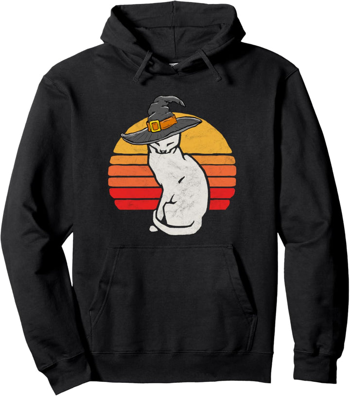 Funny White Cat in Witch Hat Vintage Minimalist Halloween Pullover Hoodie