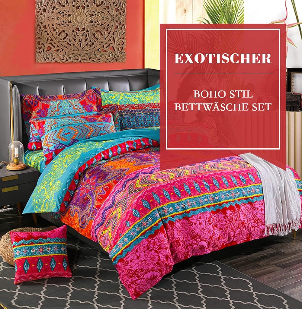 AShanlan Bohemian Bettwäsche Set 135x200 Blau Rot Boho Indisch Wendebettwäsche 2 Teilig 100% Mikrofa