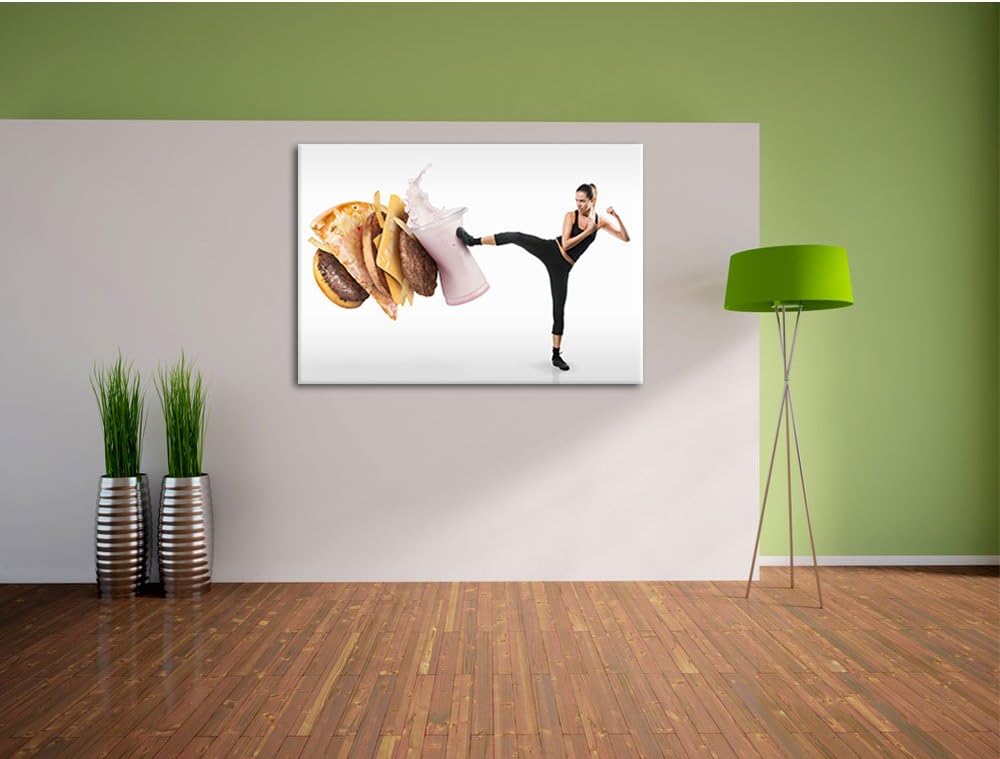 Pixxprint Frau kickt gegen Fastfood als Leinwandbild/Grösse: 100x70 cm/Wandbild/Kunstdruck/fertig be