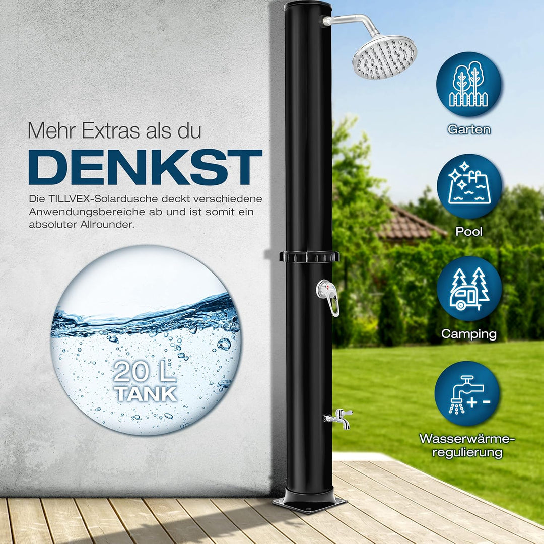 tillvex Solardusche 20 Liter | Solar Garten-dusche warmes Wasser | Pooldusche Camping | ohne Stroman