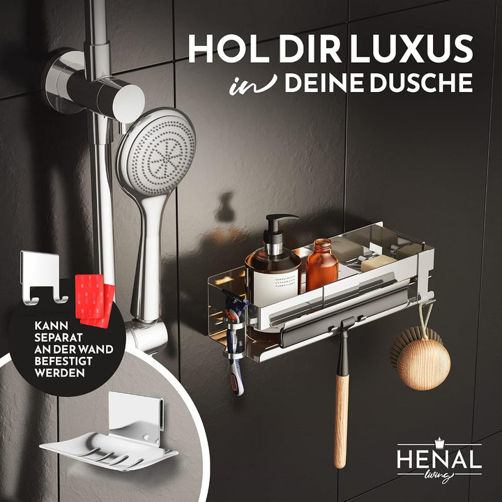 HENAL® Duschablage SET 5 in 1, Hochglanz Edelstahl-Duschablage ohne bohren, Duschregal inklusive Ras