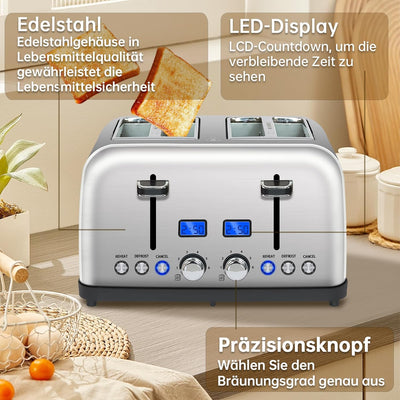 SEEDEEM Toaster 4 Scheiben, LCD-Display, 6 Farbeinstellungen Edelstahl-Toaster, 1,5'' breite Schlitz