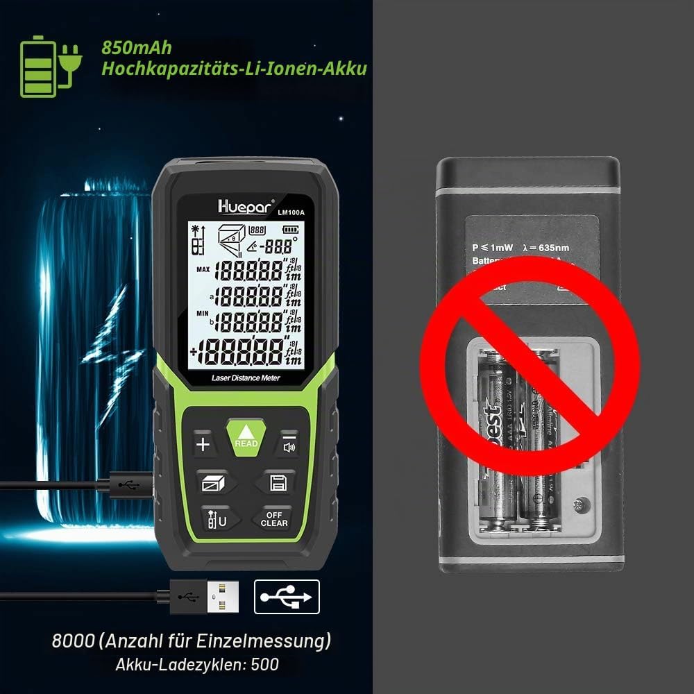 Huepar Laser Entfernungsmesser 100M mit Li-Ion-Akku, mit LCD Hintergrundbeleuchtung M/In/Ft mit Mehr