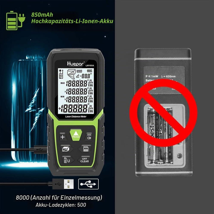 Huepar Laser Entfernungsmesser 100M mit Li-Ion-Akku, mit LCD Hintergrundbeleuchtung M/In/Ft mit Mehr
