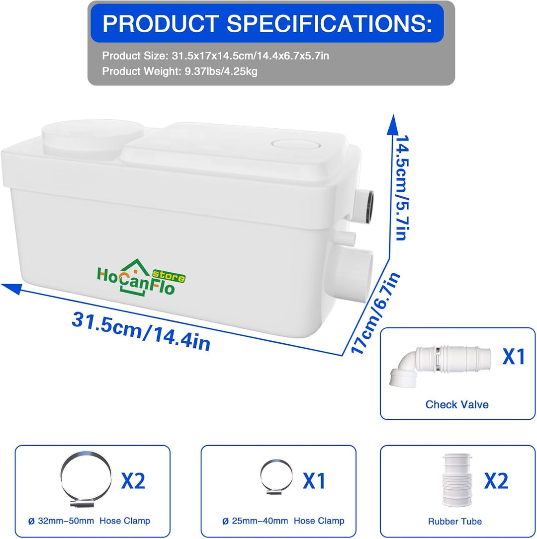 HOCANFLO 400W Kleinhebeanlage Pumpe, Hebeanlage leise Kupfer Wicklung Draht Motor Abwasser Dusche Li