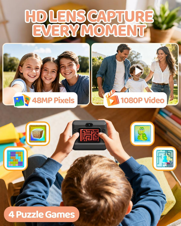 CalineGam Kinderkamera Sofortbildkamera, 1080P HD Sofortbildkamera Kinder mit 32 GB Karte und 3 Papi