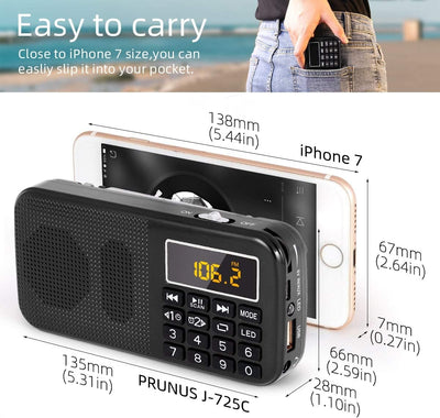 PRUNUS J-725 FM UKW Radio Klein, Digital Radio mit 3000mAh Wiederaufladbare Batterie, Kofferradio Tr