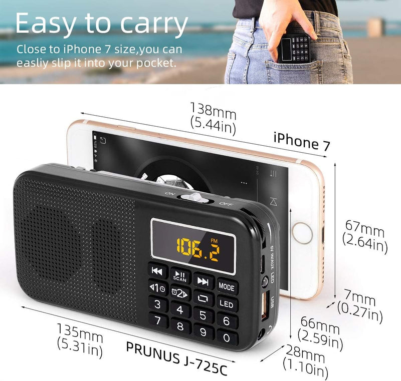 PRUNUS J-725 FM UKW Radio Klein, Digital Radio mit 3000mAh Wiederaufladbare Batterie, Kofferradio Tr