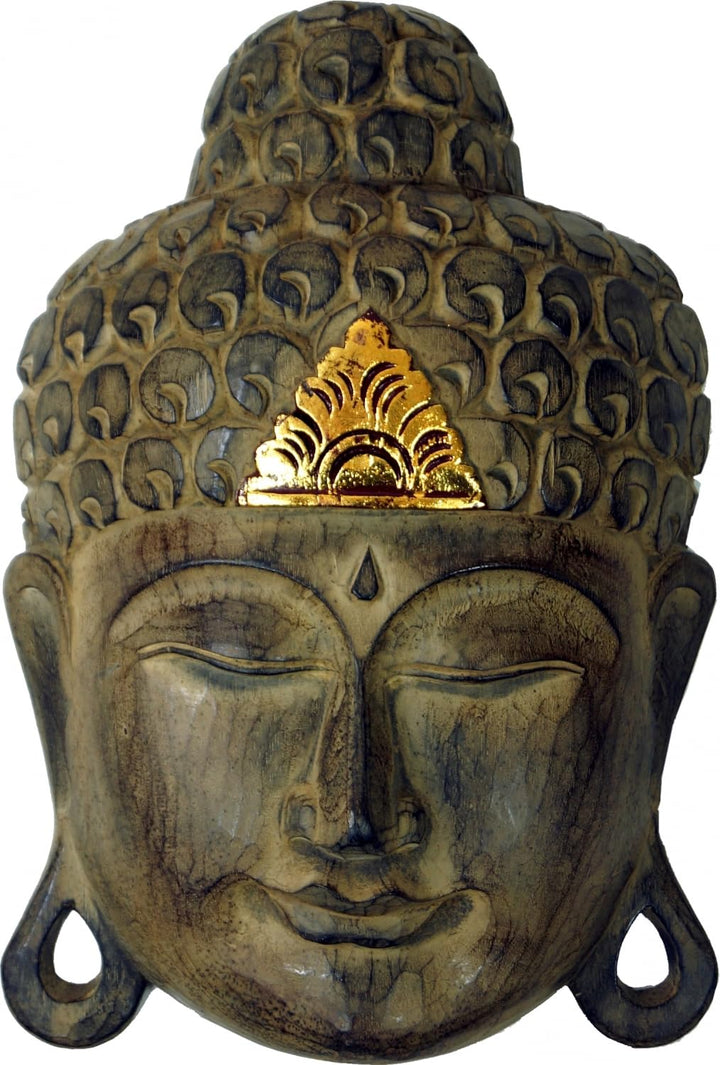 GURU SHOP Geschnitzte Buddha Maske mit Goldverzierung, Wandschmuck, Ethno Wanddekoration aus Balsaho