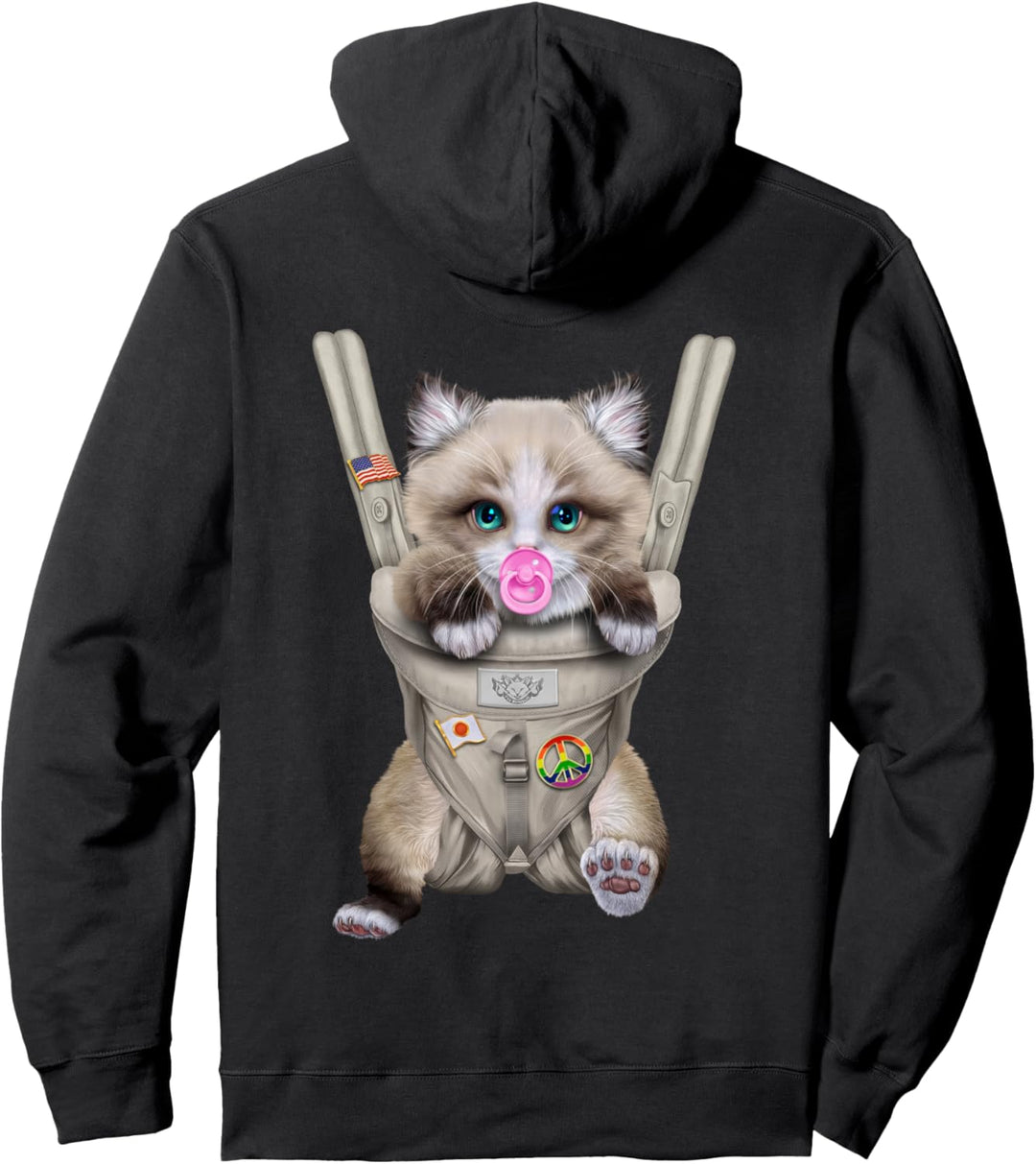 Ragdoll Katze mit einem Schnuller in der Babytrage Pullover Hoodie