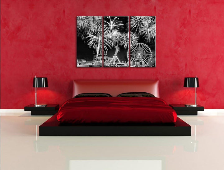 Pixxprint Monocrome, Silvester Riesenrad, Feuerwerk 3-Teiler Leinwandbild 120x80 Bild auf Leinwand