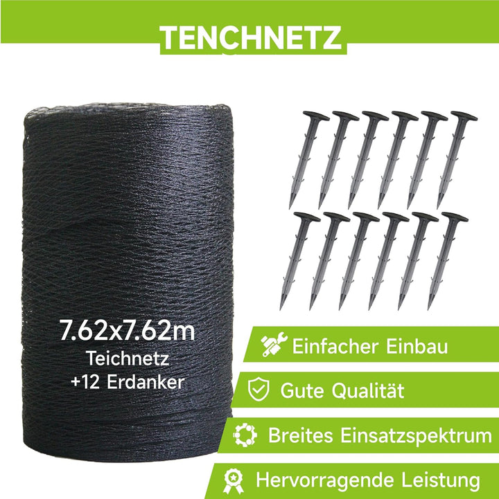 Teichnetz Feinmaschig 7.62x7.62m（58m²） Vogelschutznetz - Schwarz Teichnetz mit 12 Bodenankern | Witt